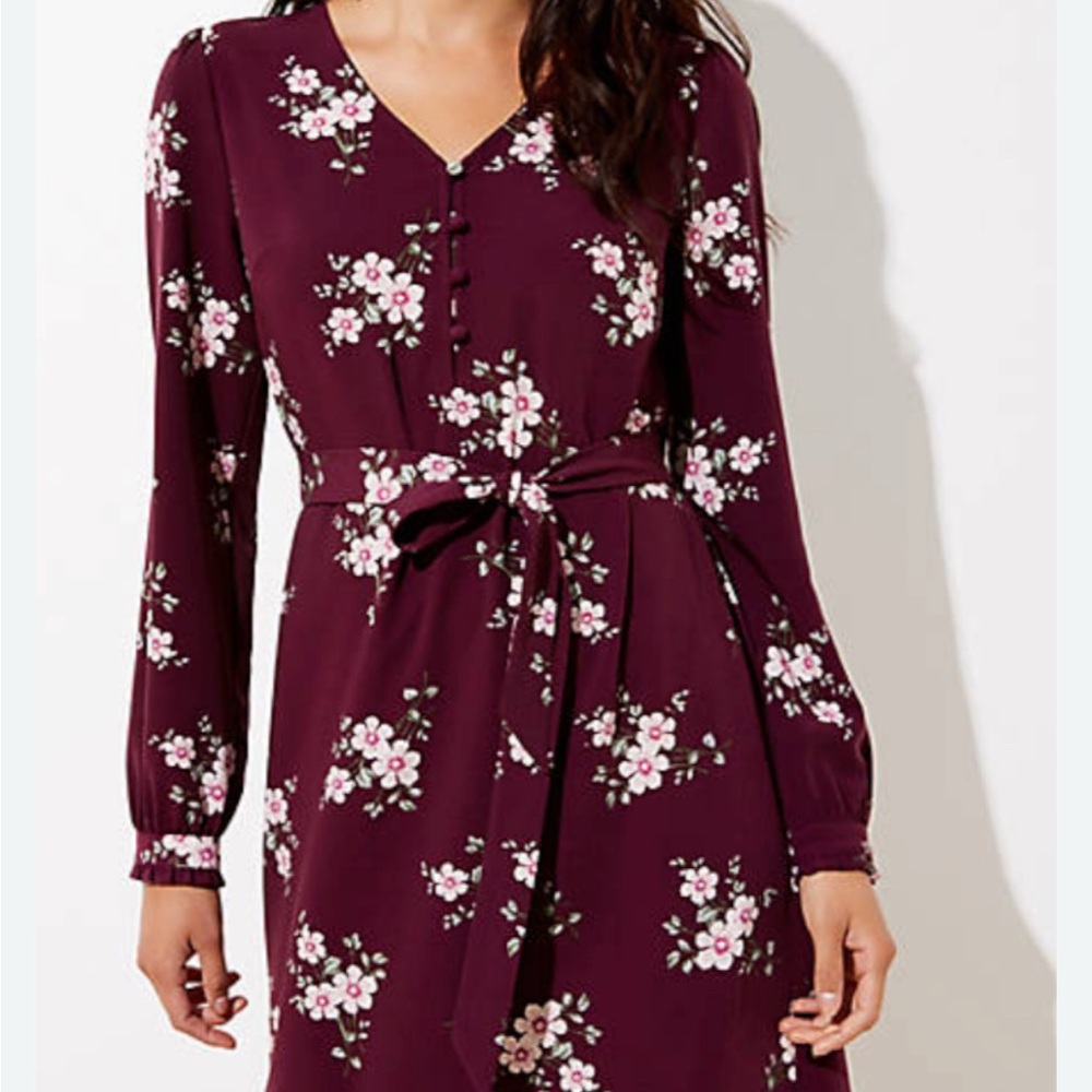 LOFT Long Sleeve Floral Burgundy Dress